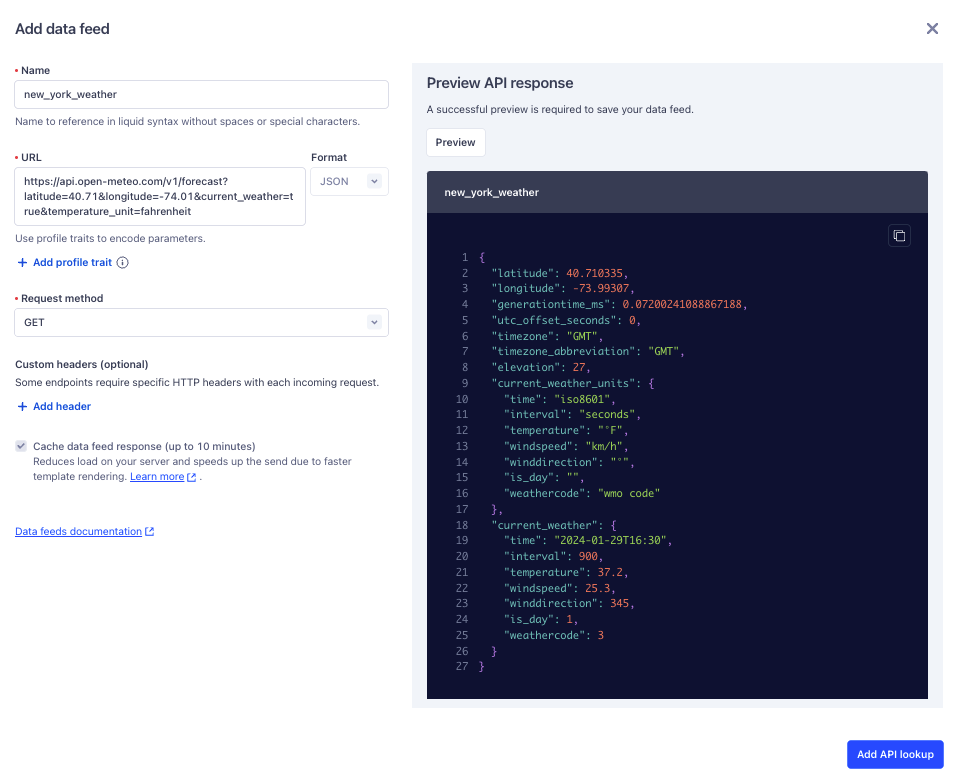 The data feeds API preview response